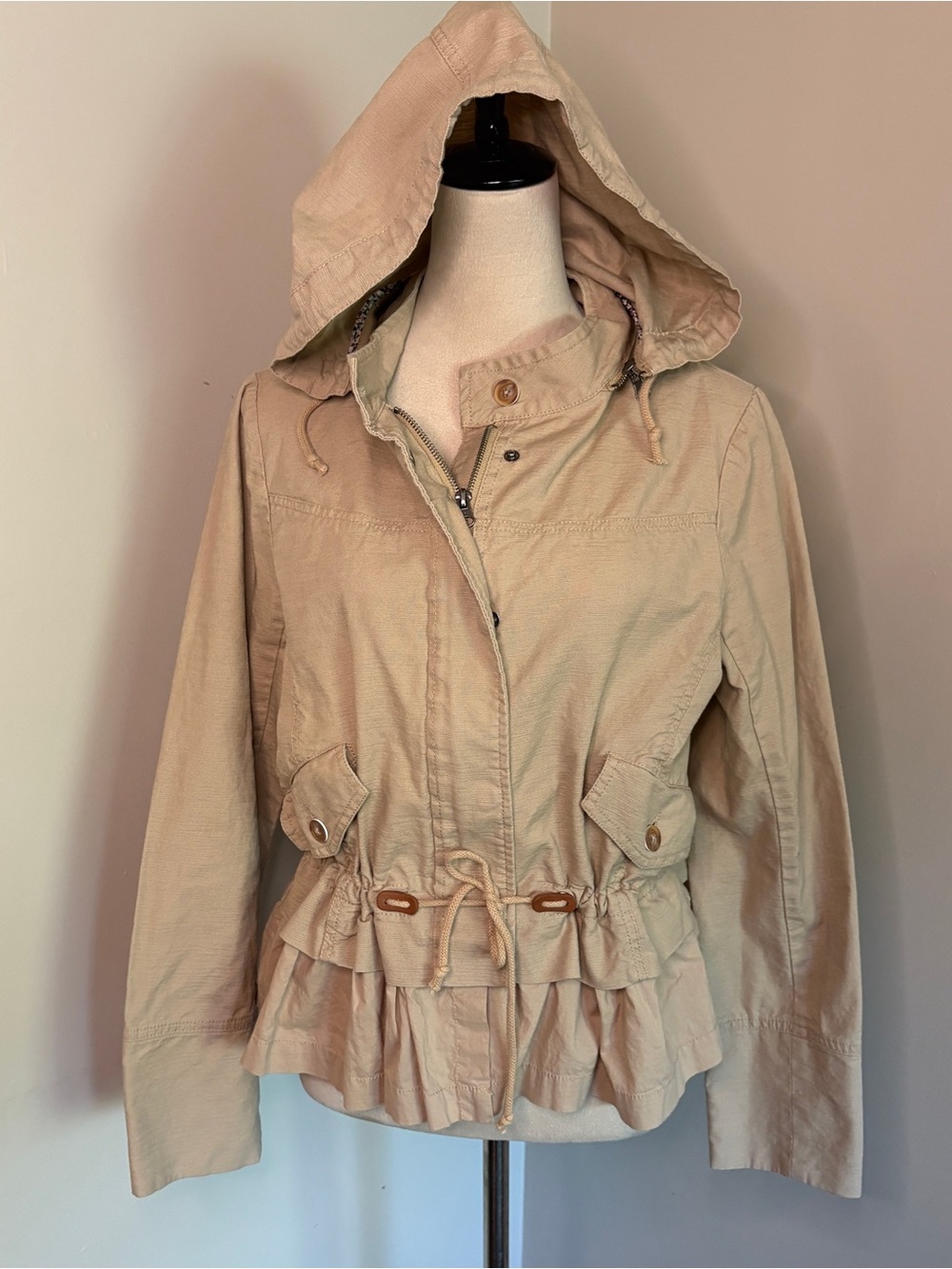 Elevenses Anthrop Skirted Anorak Jacket Removable Hood Drawstring Utility Beige